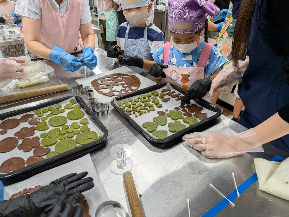 トレーに並んだ色とりどりの型抜きクッキー