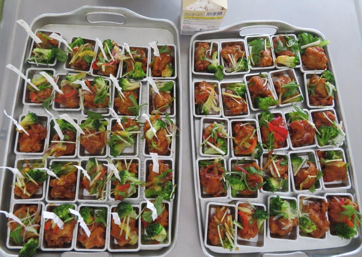 野菜がたっぷり添えられた試食用の料理
